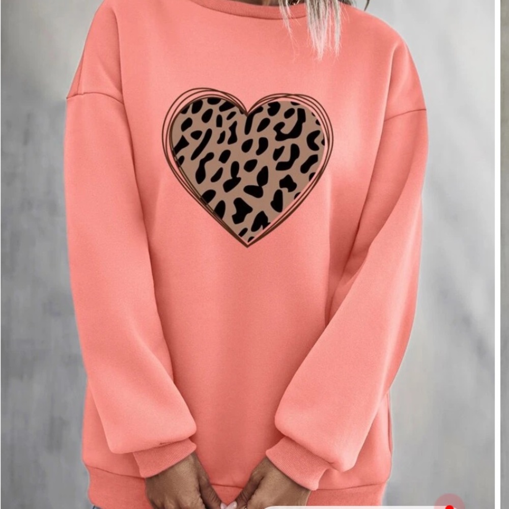 SHEIN Heart and Leopard print oversized drop shoulder coral pullover size S NWOT
